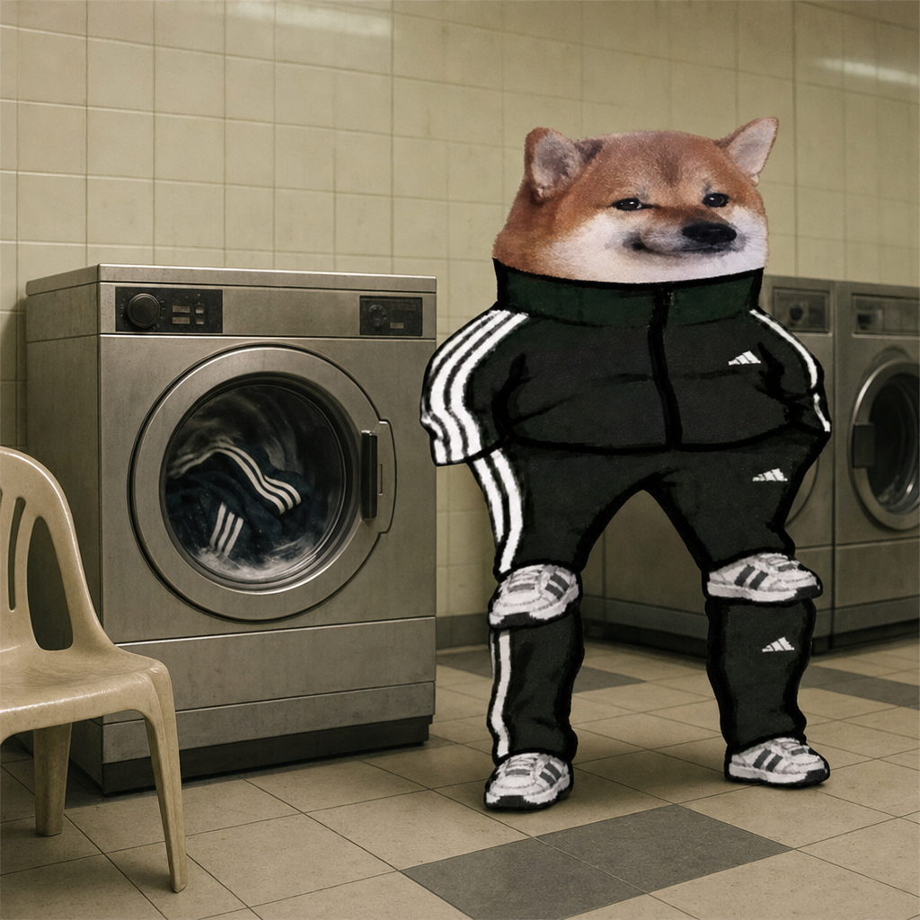 Tracksuit Doge waiting beside the washing machines in a tiled laundromat